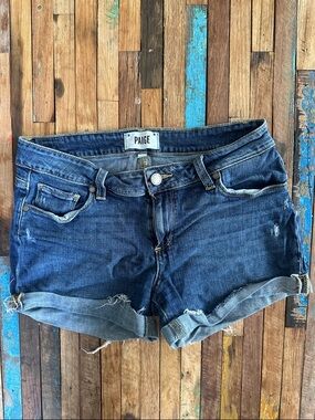 PAIGE Dark Blue Rolled Cuff Denim Shorts